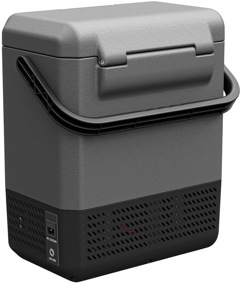 Szary przenośny cooler z czarną kratką wentylacyjną i uchwytem.