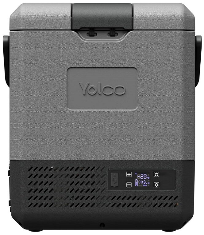 Szara i czarna lodówka turystyczna z cyfrowym wyświetlaczem i otworami wentylacyjnymi.