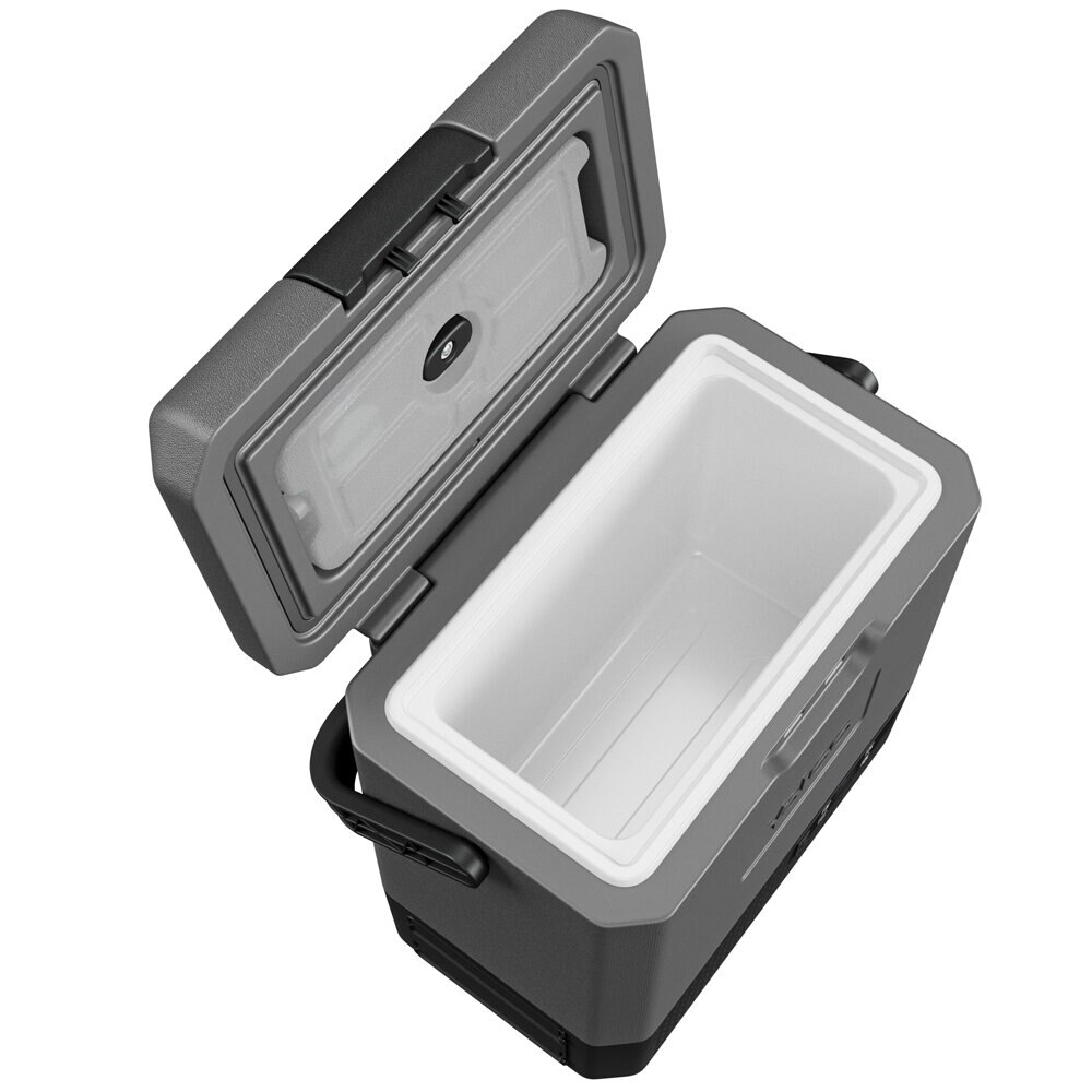 Szara lodówka jest otwarta, ukazując białe wnętrze. Po bokach znajdują się białe uchwyty.