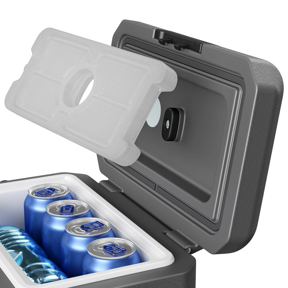 Lodówka z otwartą pokrywą, wkład lodowy nad czterema niebieskimi puszkami i butelką wody.