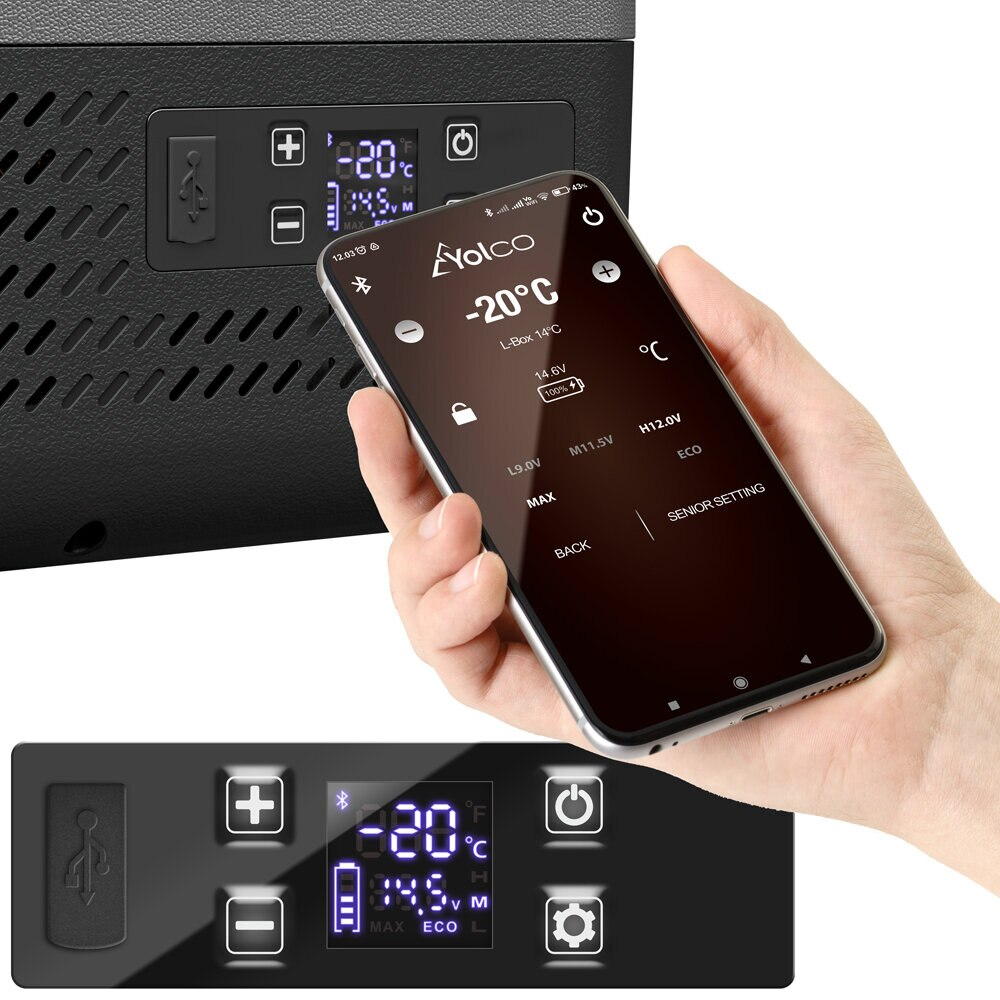 Smartfon steruje lodówką z temperaturą -20°C. Wyświetlacz pokazuje temperaturę i napięcie.