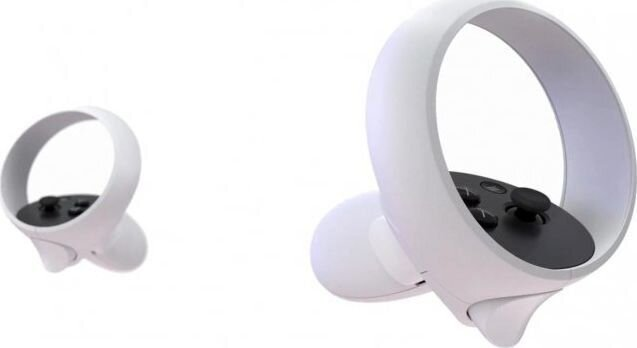 Dwa białe kontrolery VR. Jeden jest bliżej, a drugi w tle.