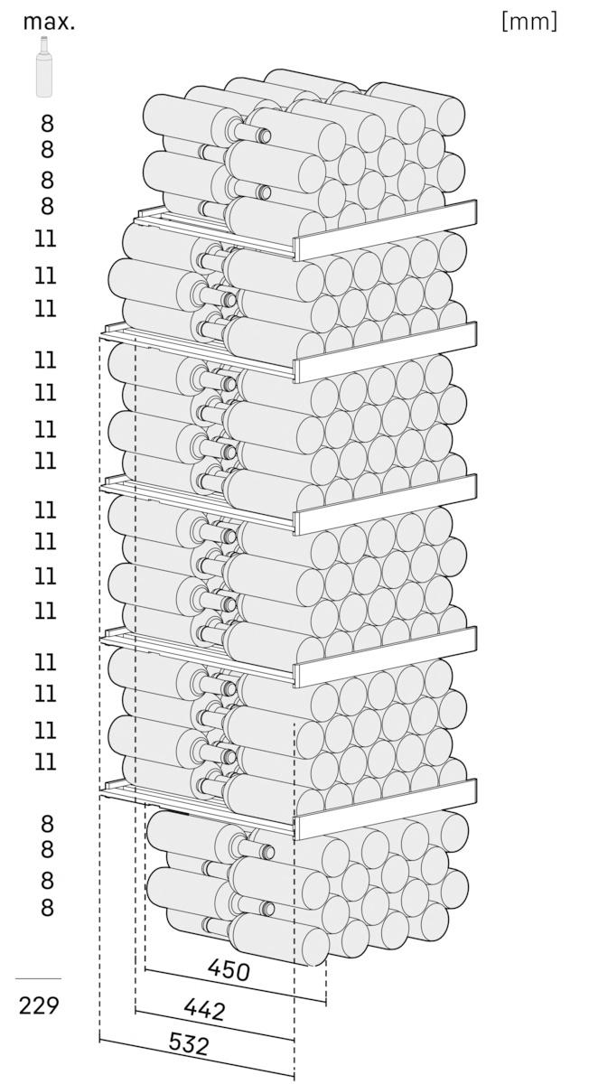Ein Diagramm eines Weinregals mit Abmessungen und Etiketten für die Flaschenanzahl.