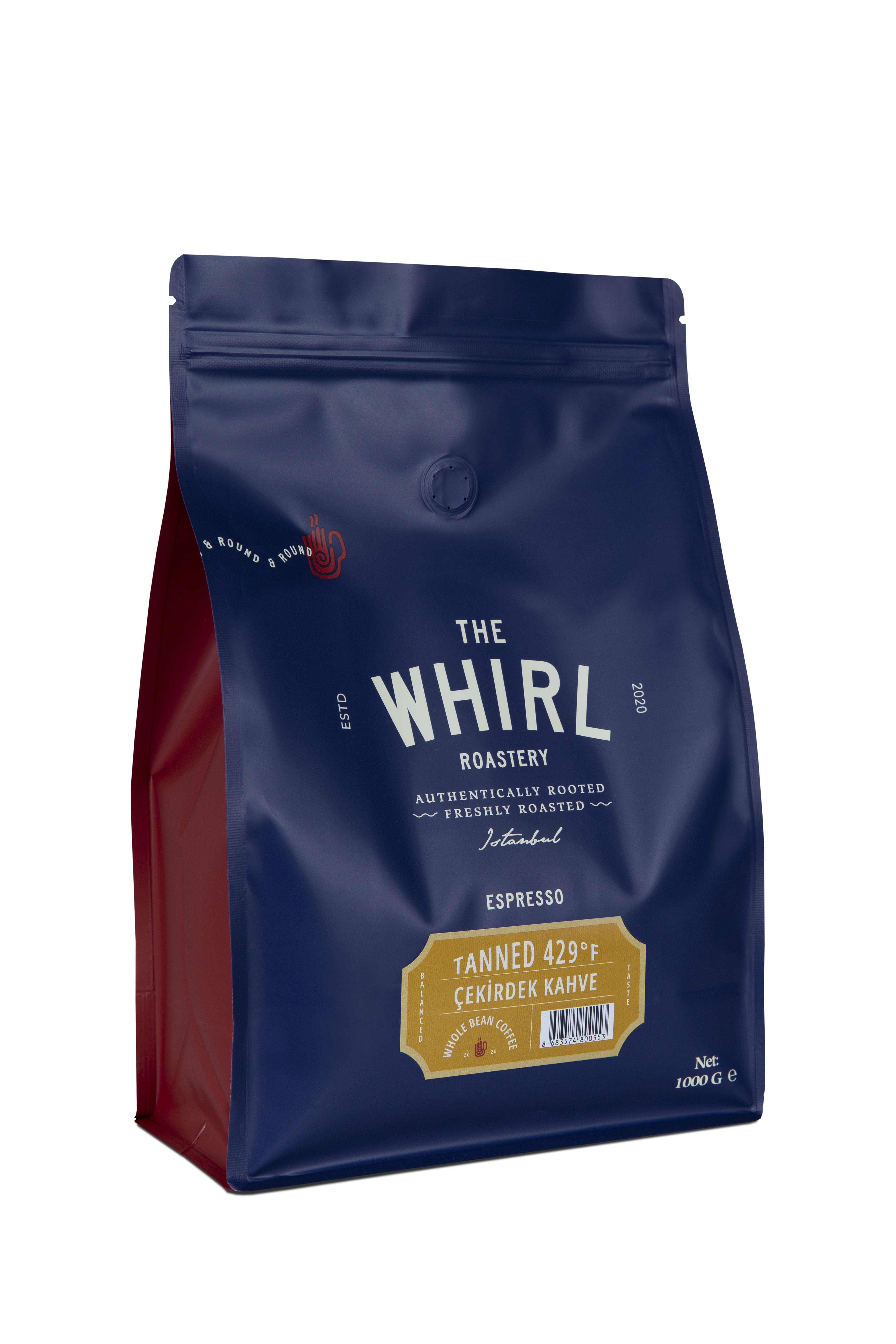 Mavi ve lacivert kahve poşeti. The Whirl Roastery Espresso. Altın bir damgaya sahip.