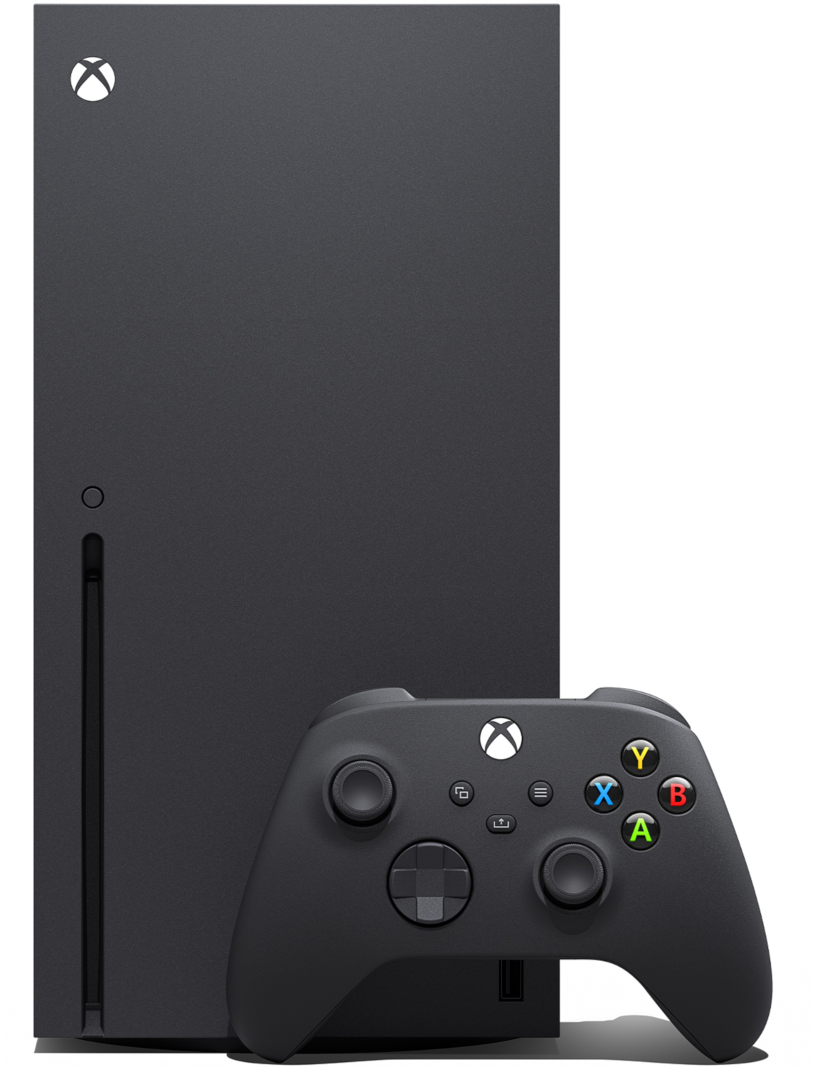 Zwarte Xbox Series X console en controller. De console staat rechtop, de controller ervoor. Beide op een witte achtergrond.