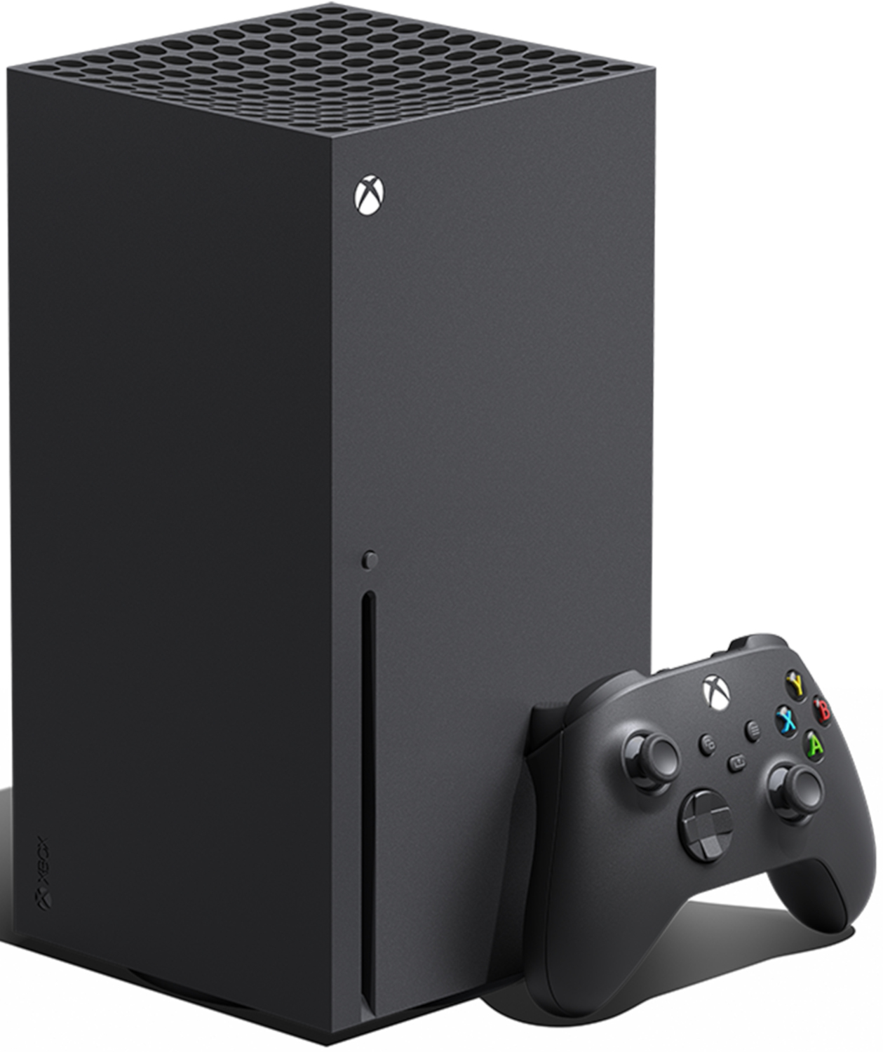 Zwarte Xbox Series X-console met controller op witte achtergrond. De console is verticaal en heeft een honingraattop.