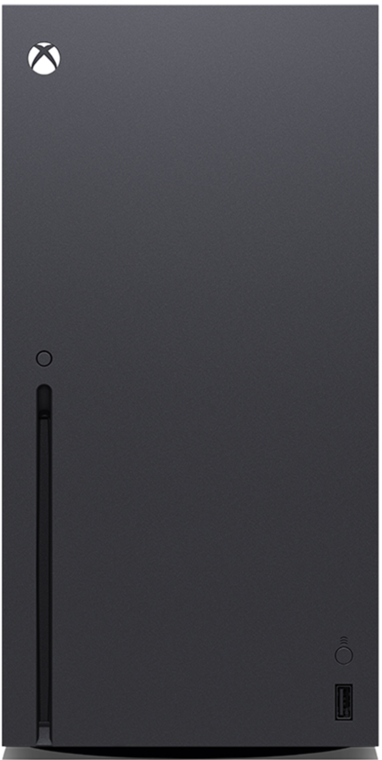 Een zwarte Xbox Series X console. Het heeft het Xbox-logo, stroom- en andere poorten. Het ontwerp is hoog en rechthoekig.
