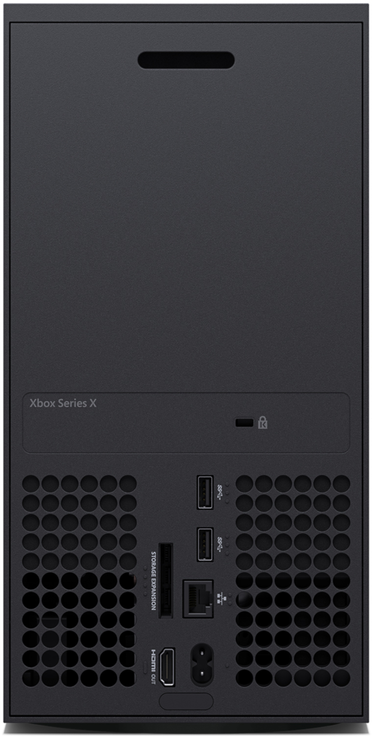 Zwarte Xbox Series X console achterkant. Poorten zijn HDMI, opslaguitbreiding, USB en stroom. Ventilatie onder.