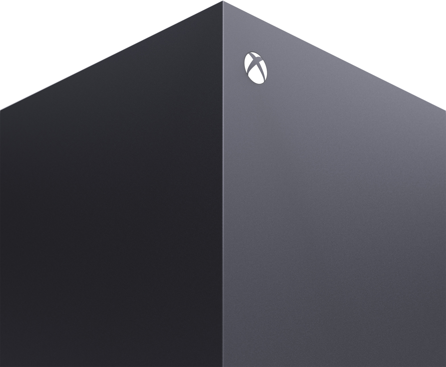 Een donkergrijze Xbox-console. De console heeft het Xbox-logo in de rechterbovenhoek. De achtergrond is wit.