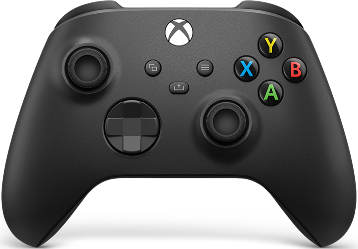 Zwarte Xbox-controller. Voorzien van D-pad, joysticks, gekleurde A, B, X, Y knoppen en Xbox-logo.