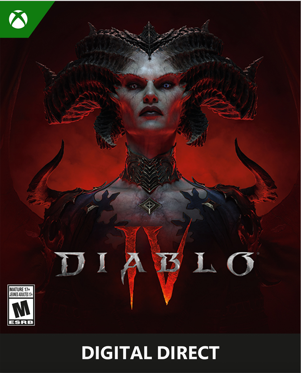 Diablo IV-omslag. Een demonische figuur met hoorns, een donkere kraag en het logo van het spel. Rode achtergrond met Xbox-logo.