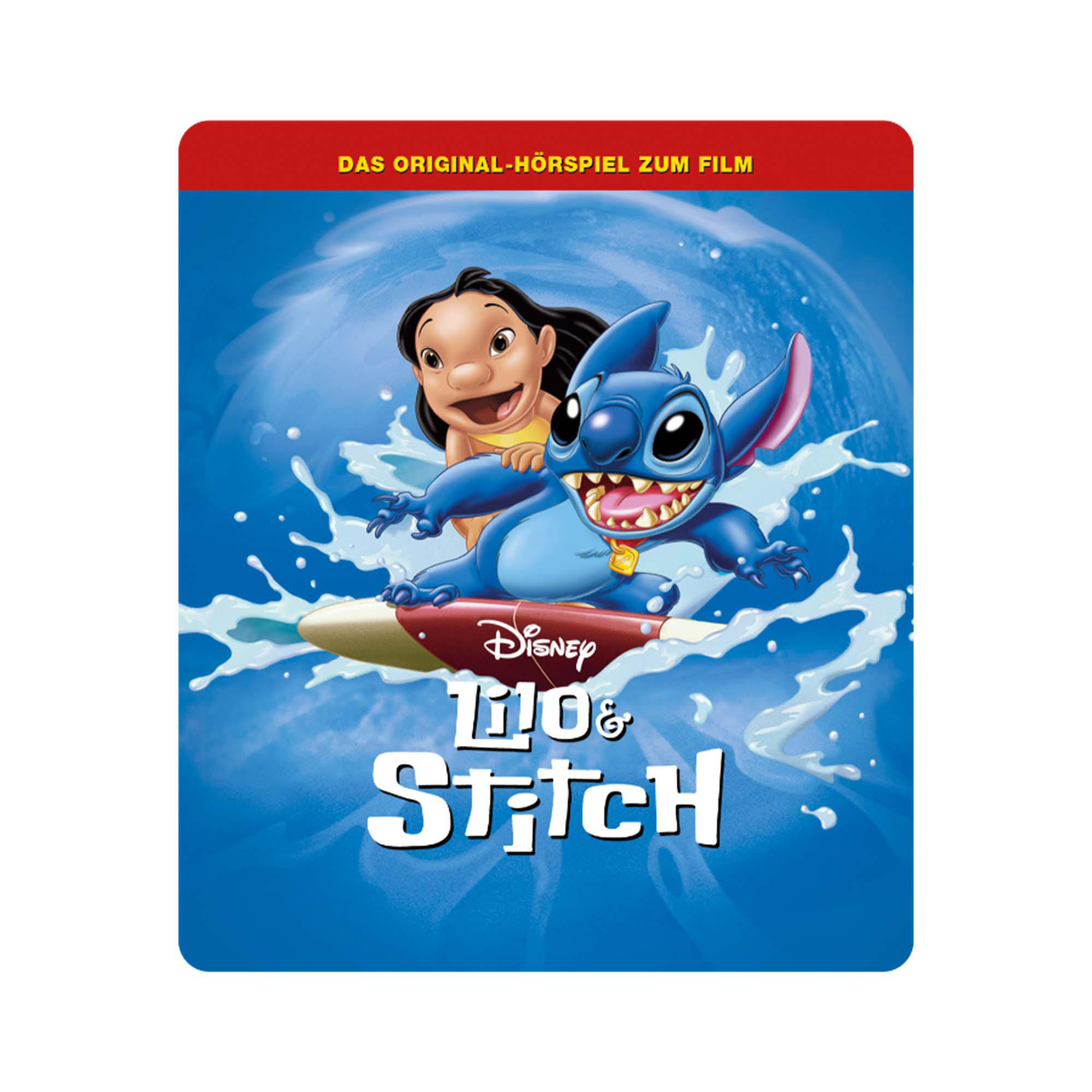 Lilo- und Stitch-Filmcover. Lilo und Stitch auf einem Surfbrett, blauer Ozeanhintergrund. Das Logo ist unten.