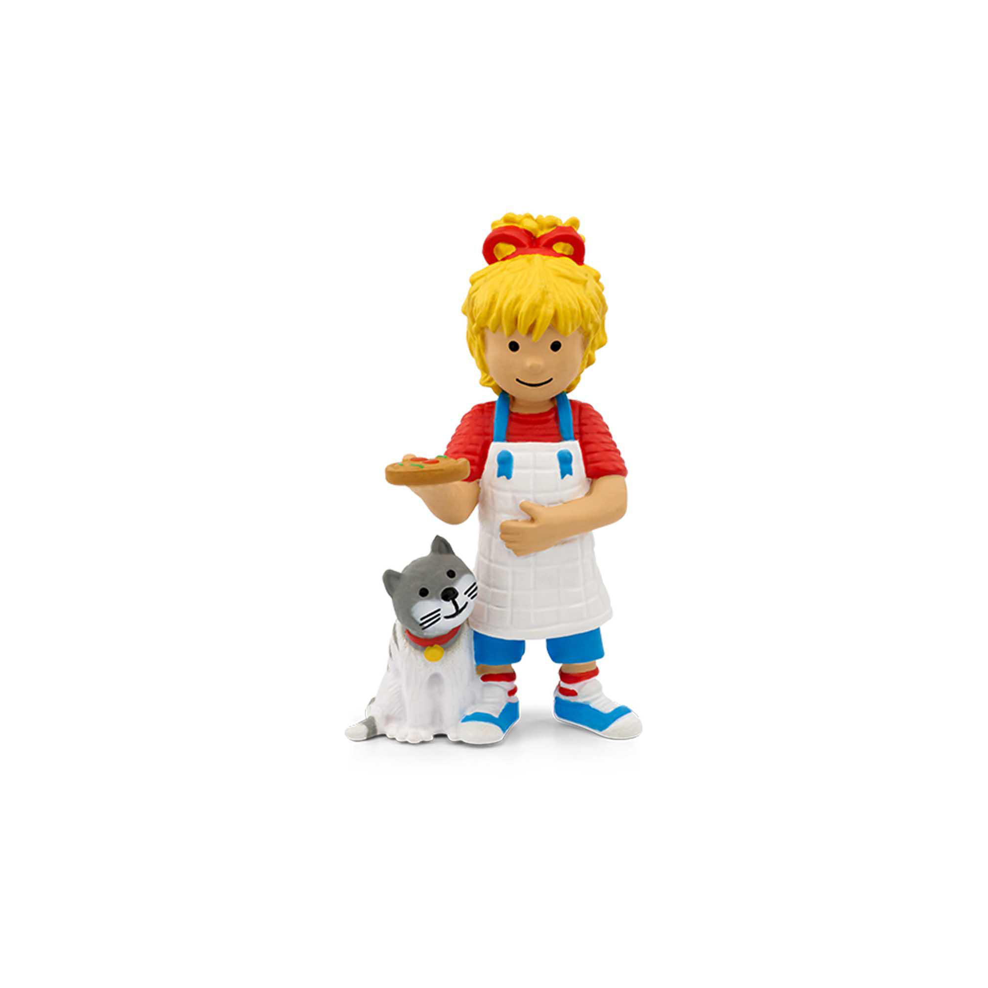 Ein Mädchen mit gelbem Haar und eine Katze, die einen Hotdog hält. Weißer Hintergrund.