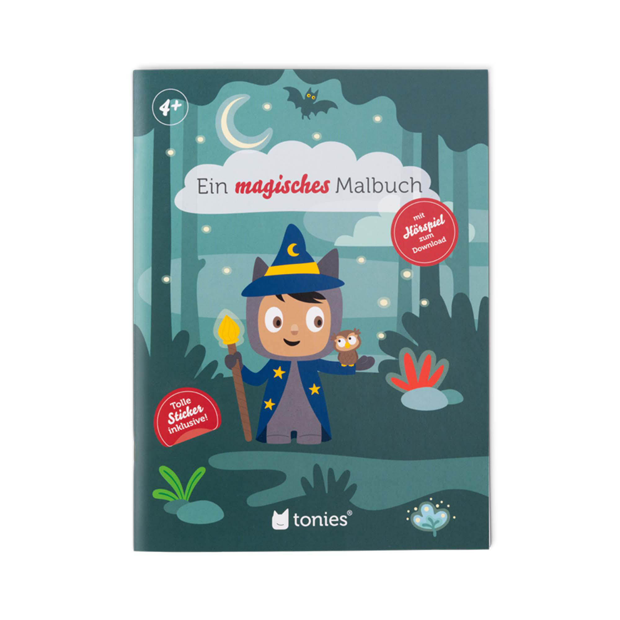 Ein Buchcover mit einem Cartoon-Zauberer und einer Eule. Ein Mond und Sterne sind im Hintergrund, mit einem Wald und einem Aufkleber.