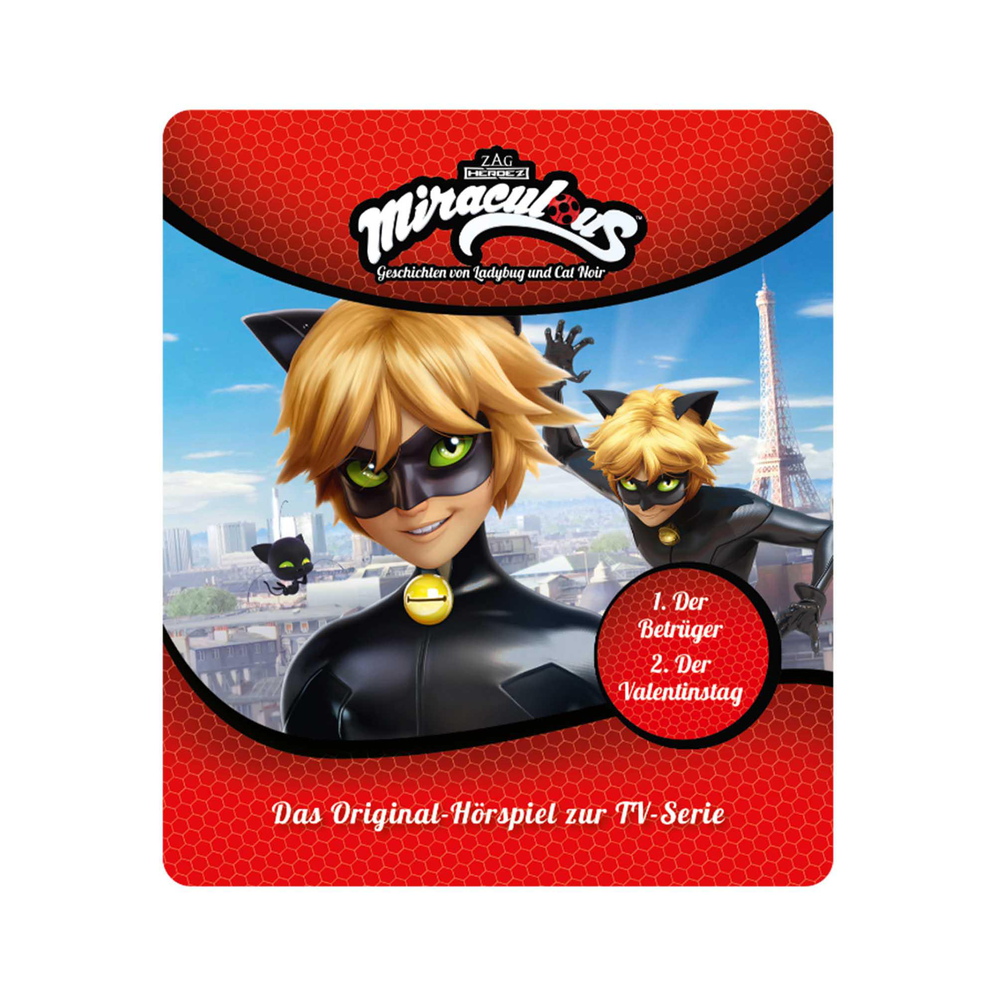Miraculous Ladybug Cover mit Charakteren, Text und rotem und schwarzem Hintergrund.