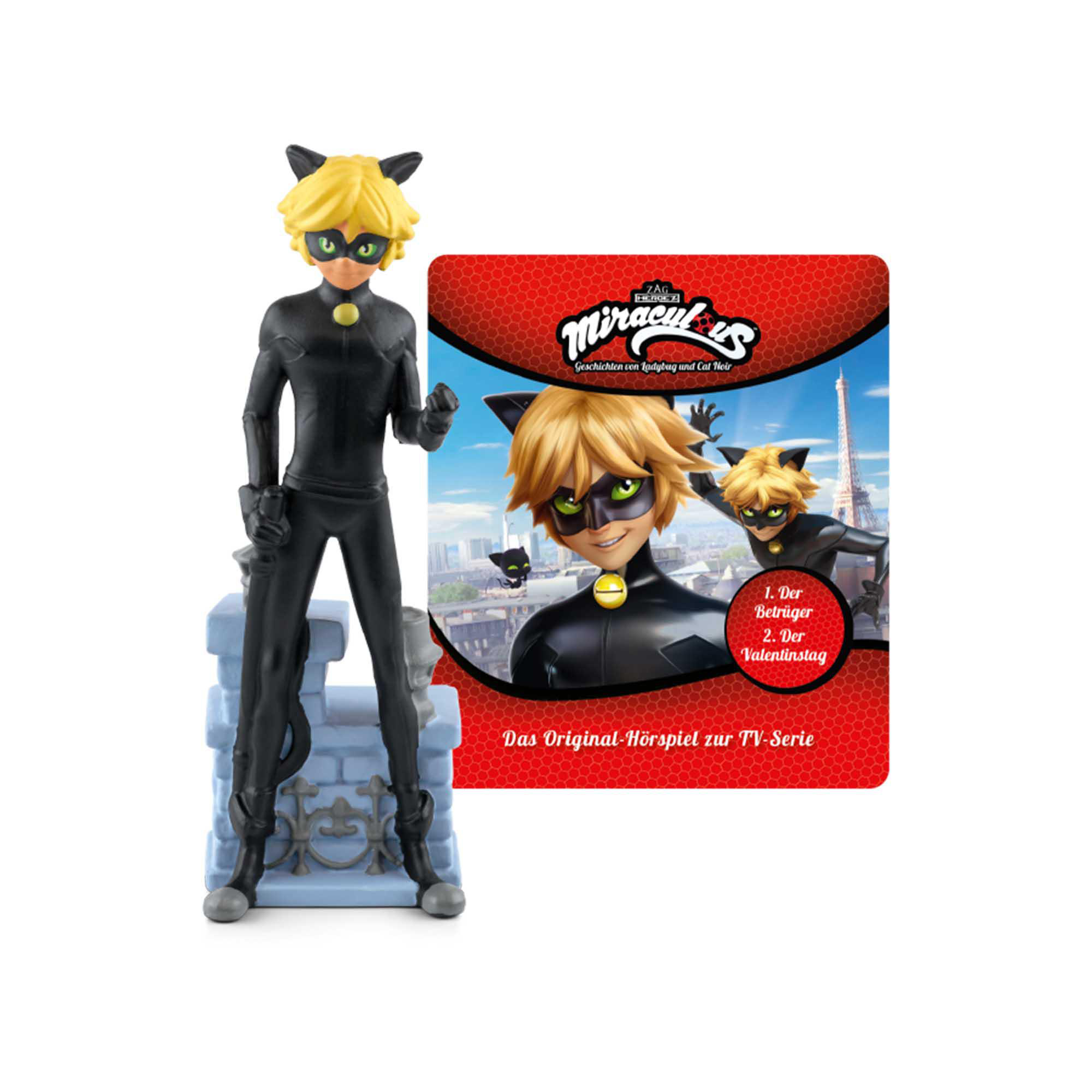 Miraculous Cat Noir Figur, Buchcover mit Charakterbildern, weißer Hintergrund.