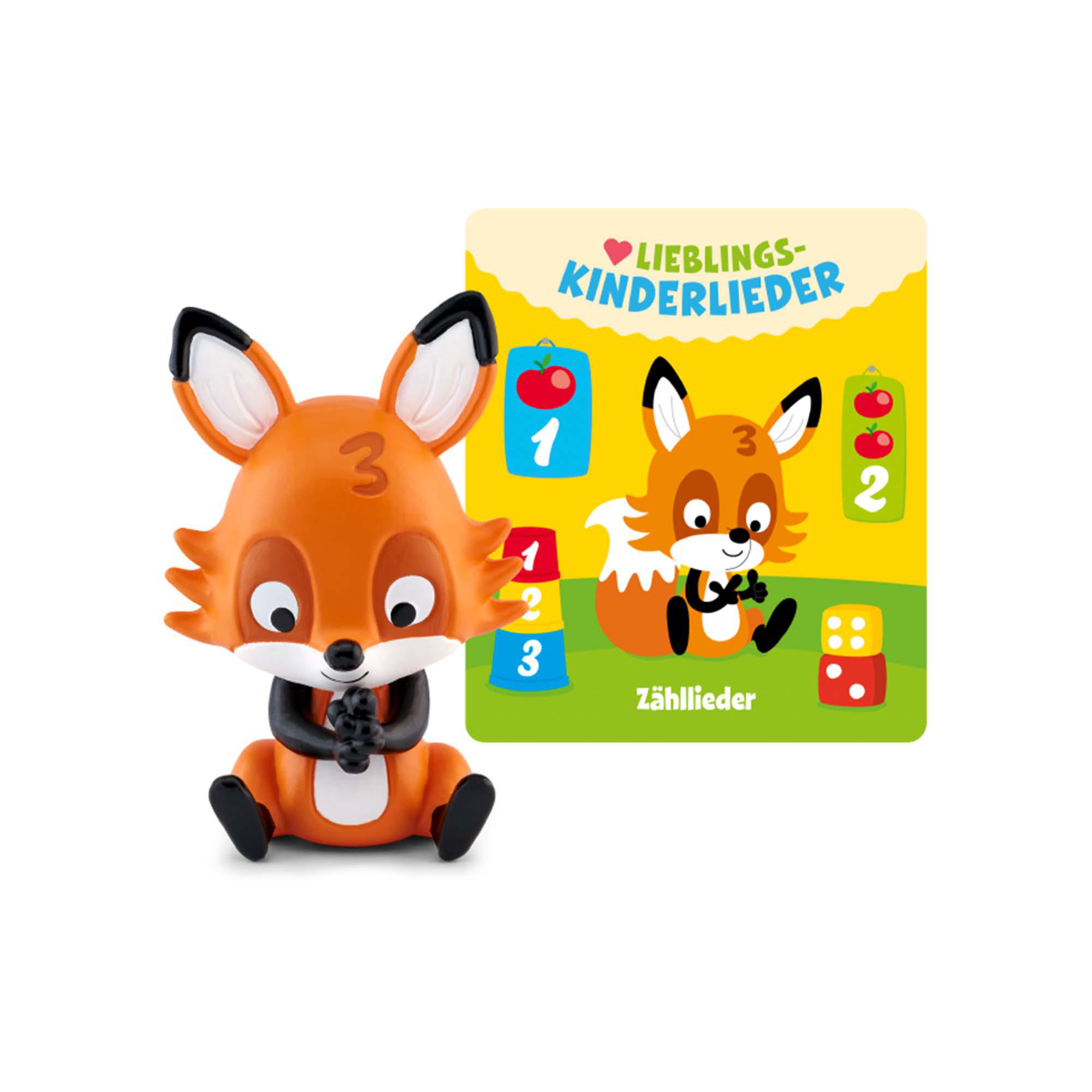 Eine Spielzeug-Fuchsfigur mit einer Zählkarte. Der Fuchs ist orange und weiß, mit einer 3 darauf.