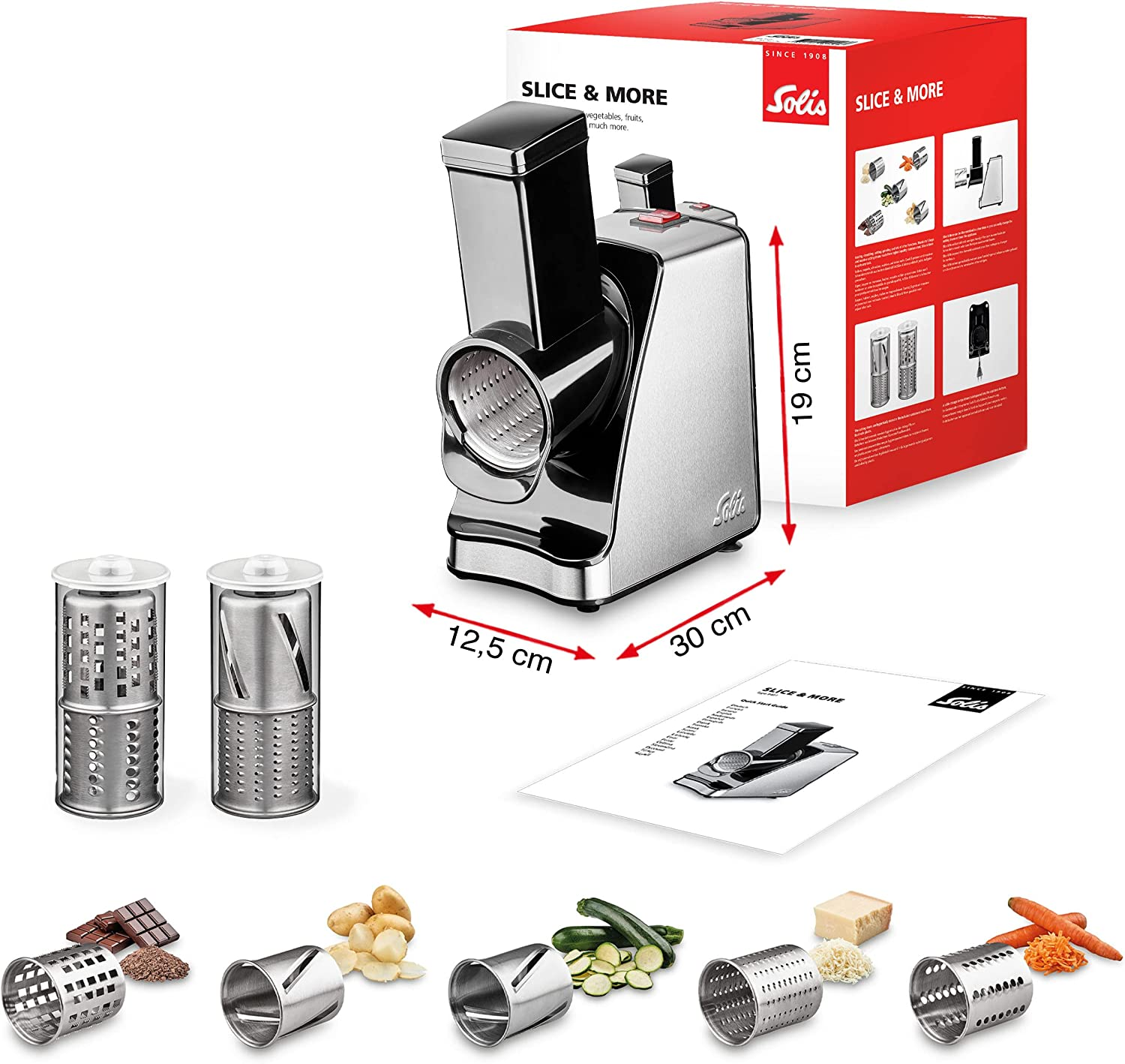 Elettrodomestico affettatrice argentato con accessori. Scatola con info prodotto sullo sfondo.