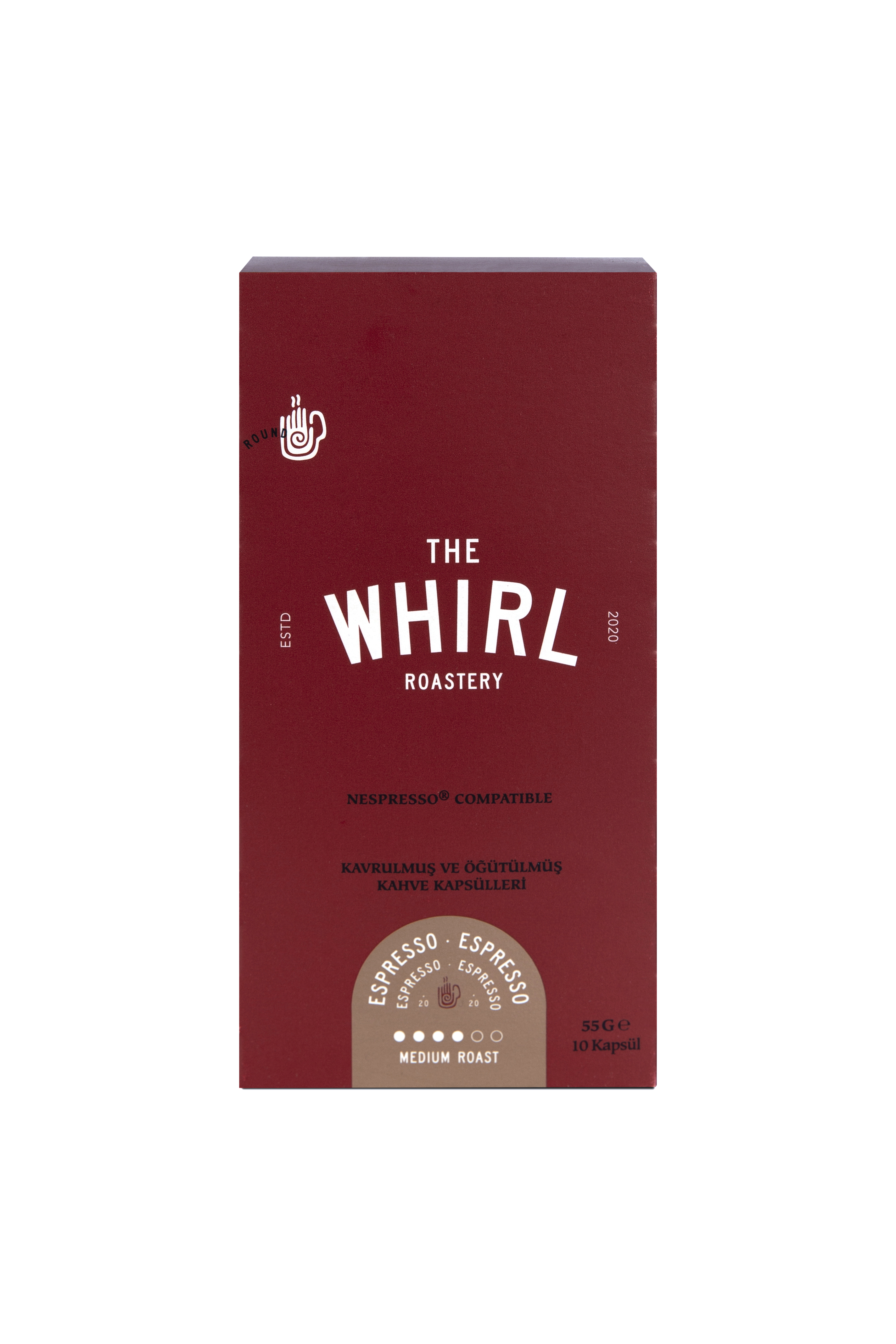 'The Whirl Roastery' yazılı ve kahve detaylarını içeren kırmızı bir kahve kapsülü kutusu.