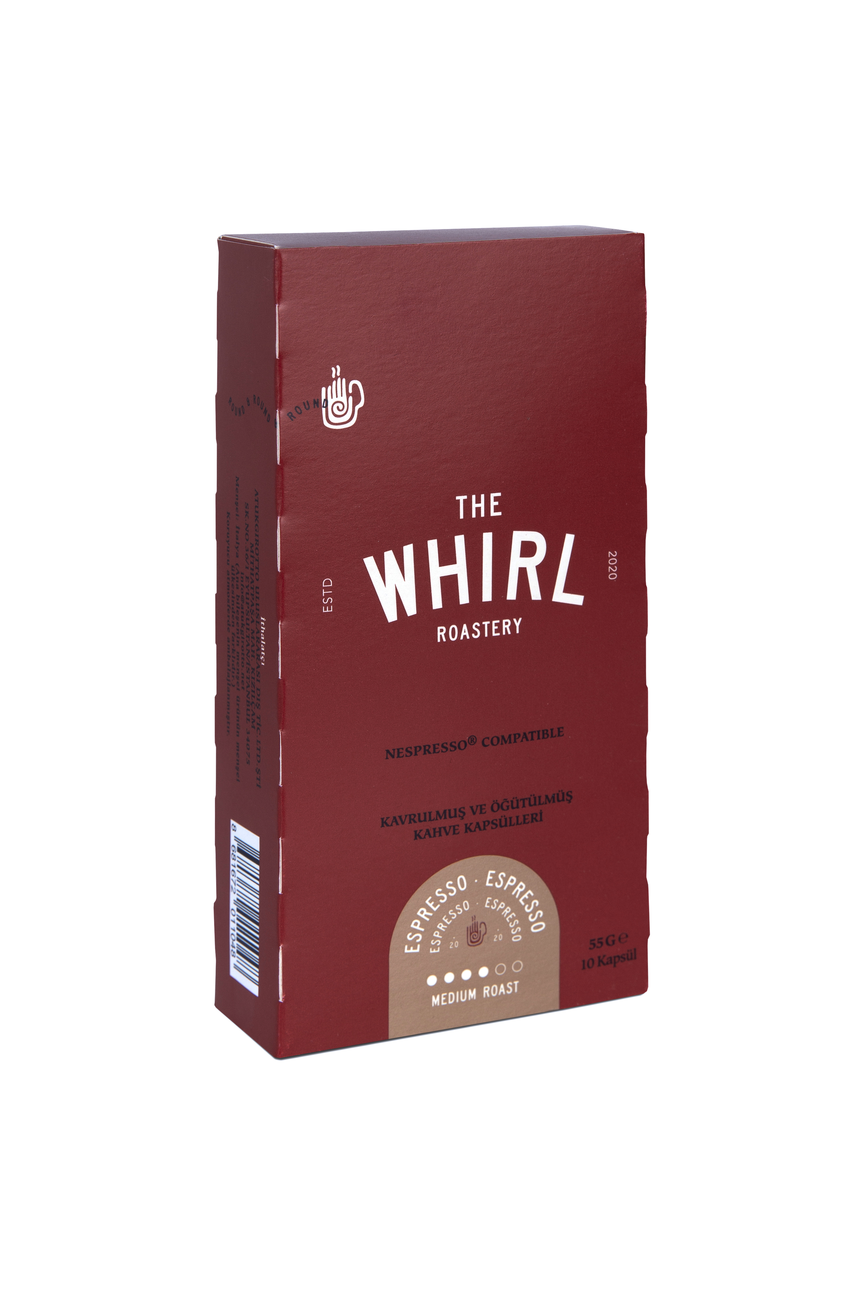 Kırmızı bir kahve kutusu. Metin: The Whirl Roastery, Espresso, Nespresso uyumlu. Beyaz zemin.