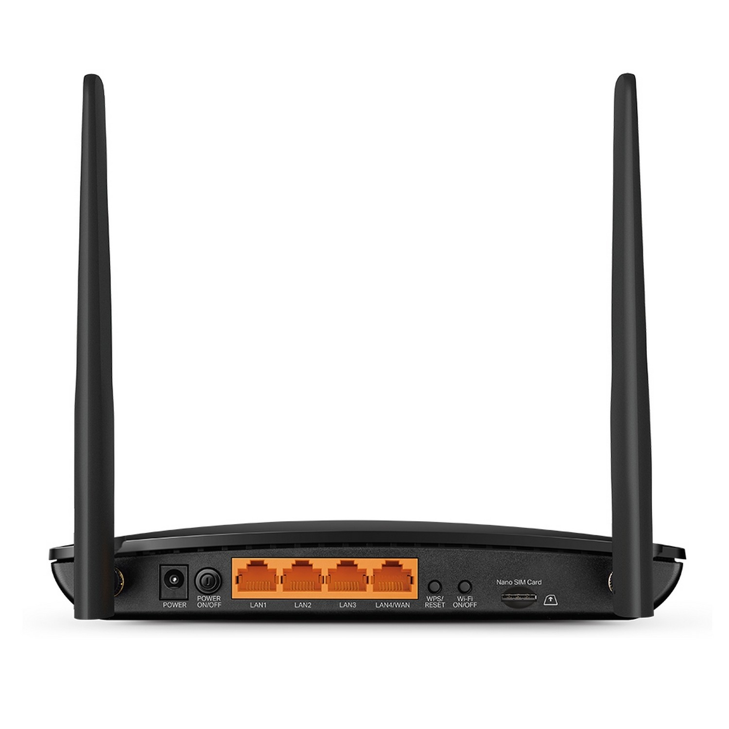 Un routeur noir avec deux antennes et divers ports. Les ports sont orange.