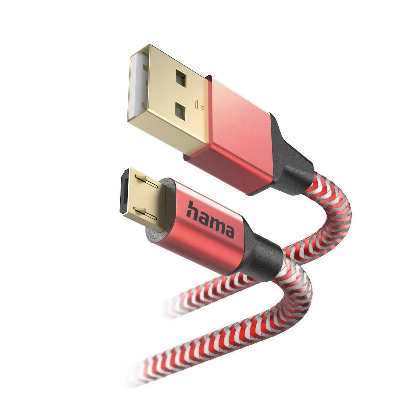USB cable with red and white striped cable and gold USB end.