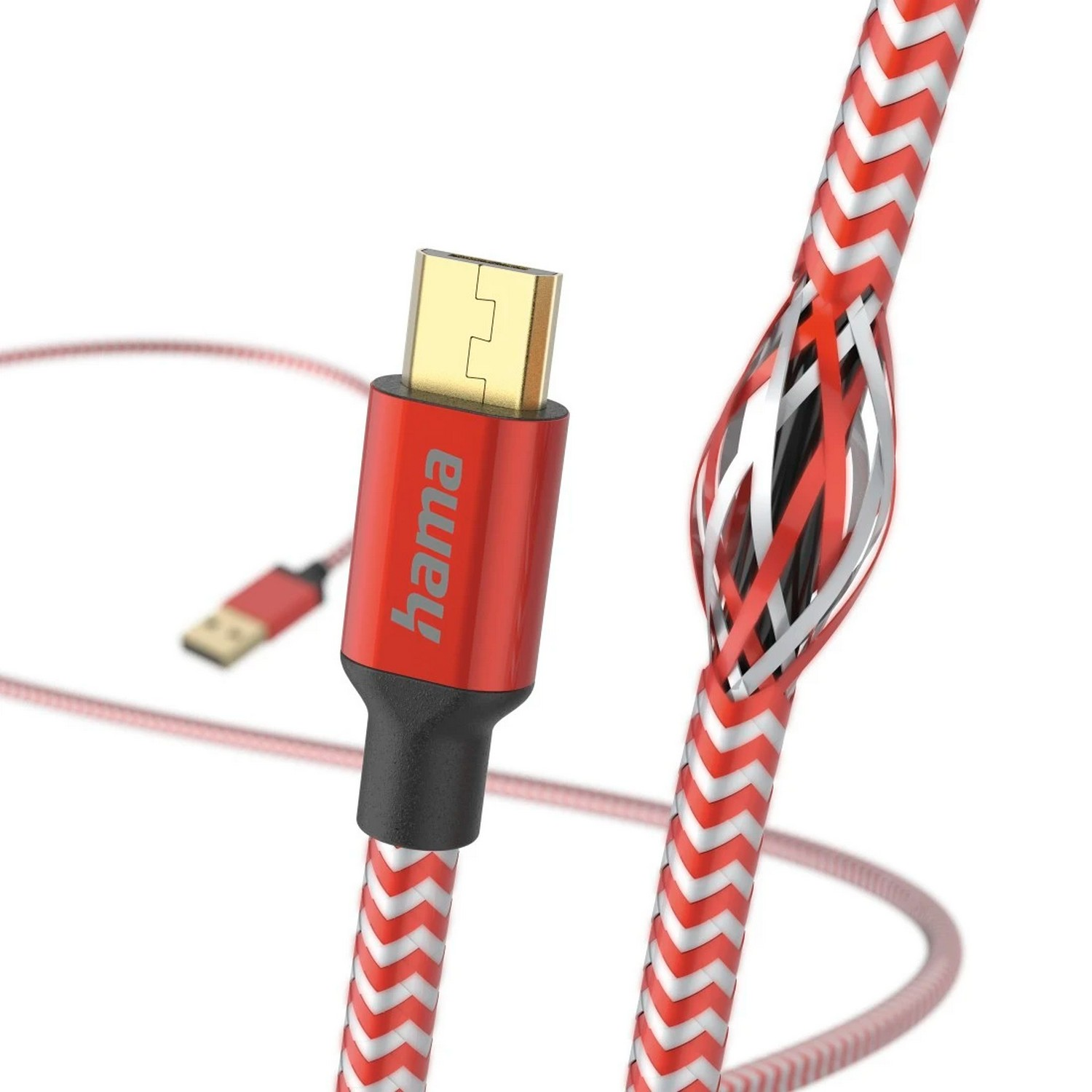 A red and white striped charging cable with a USB-C connector and a USB port.