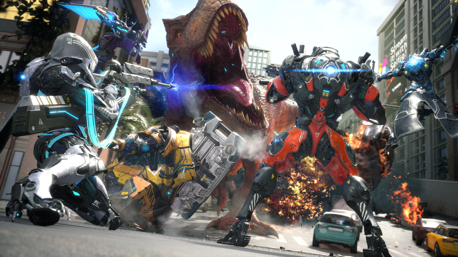Robots en een T-Rex vechten in een stad. Explosies en actie zijn zichtbaar.