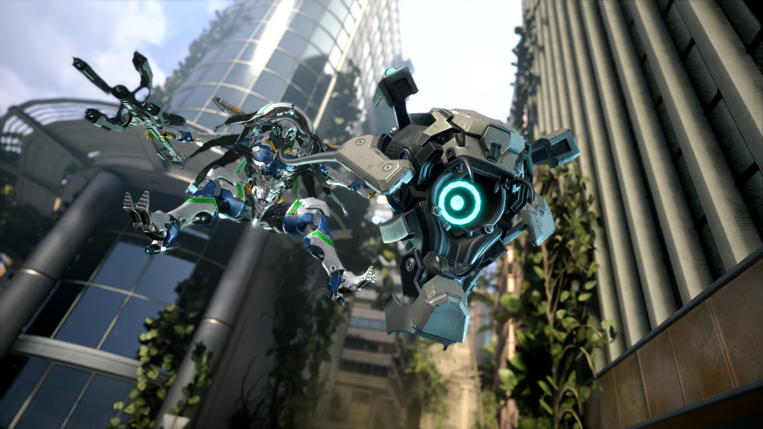 Een futuristische scène met robots die rond een gebouw vliegen. Groene planten zijn zichtbaar.