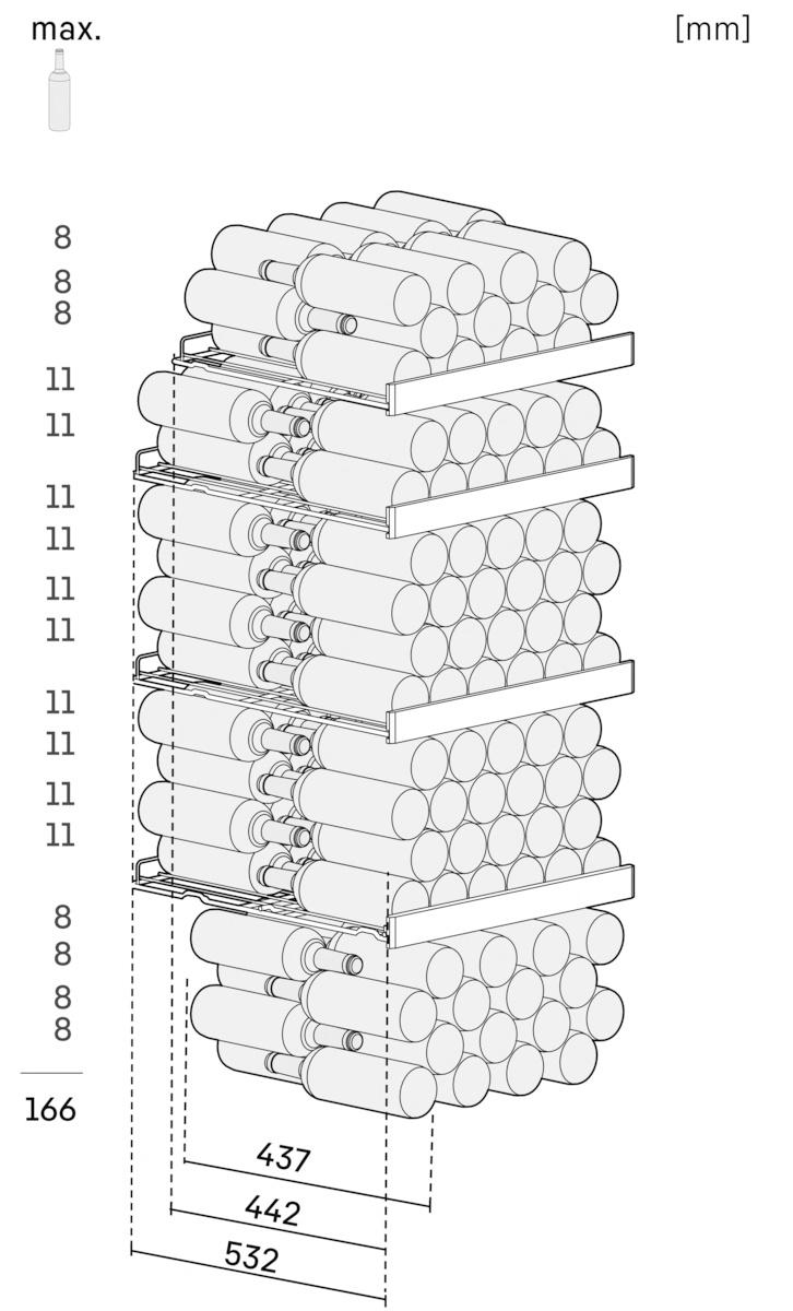 Ein Diagramm eines Weinregals, das die Flaschenkapazität und die Abmessungen in Millimetern veranschaulicht.