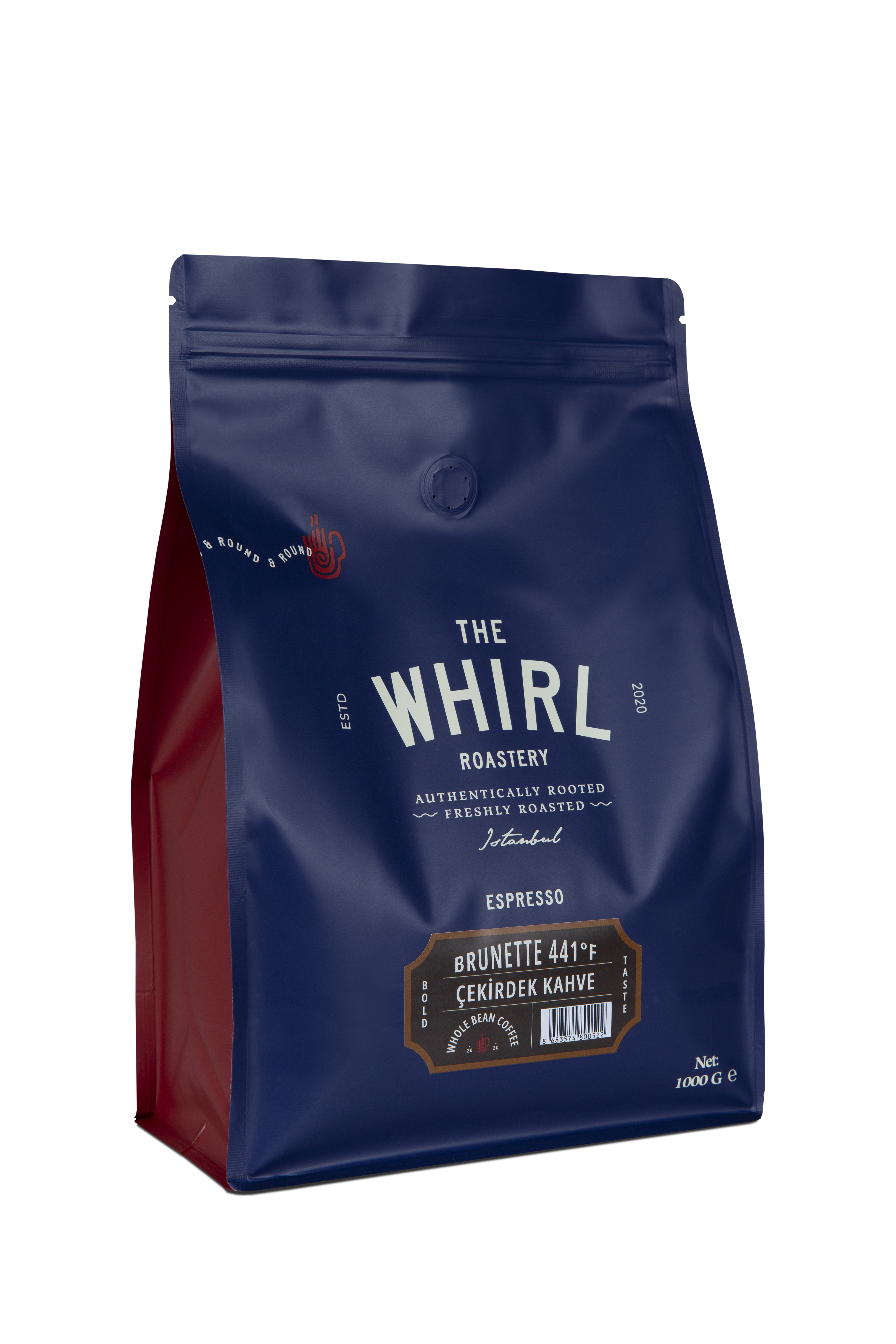 Mavi ve kırmızı kahve torbası. Metin: The Whirl Roastery, Espresso, Brunette 441°F Çekirdek Kahve.