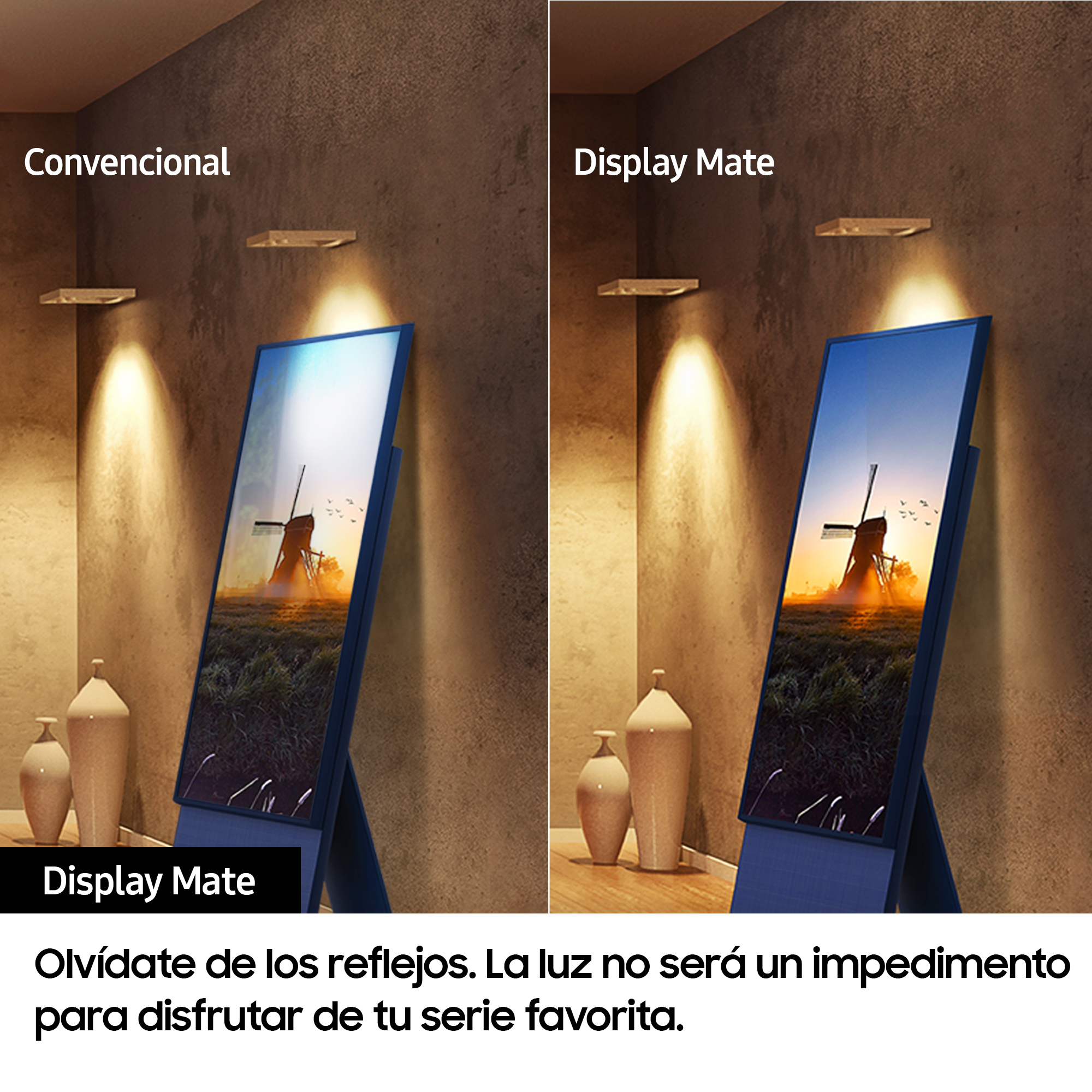 Dos pantallas lado a lado mostrando un televisor con y sin reflejos.