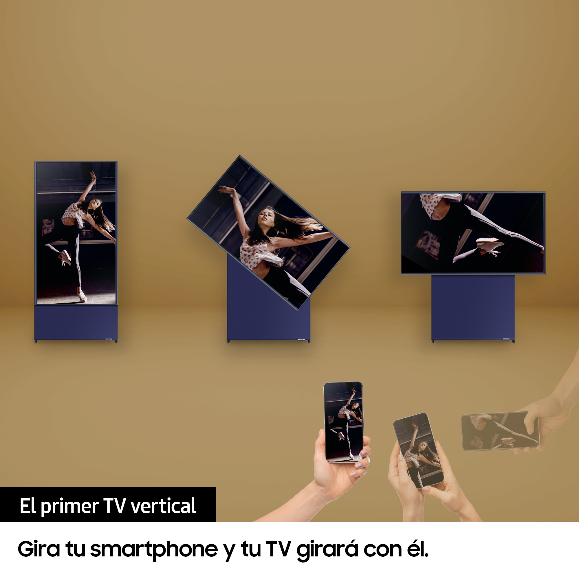 Tres televisores en diferentes orientaciones, con una mujer bailando en la pantalla.