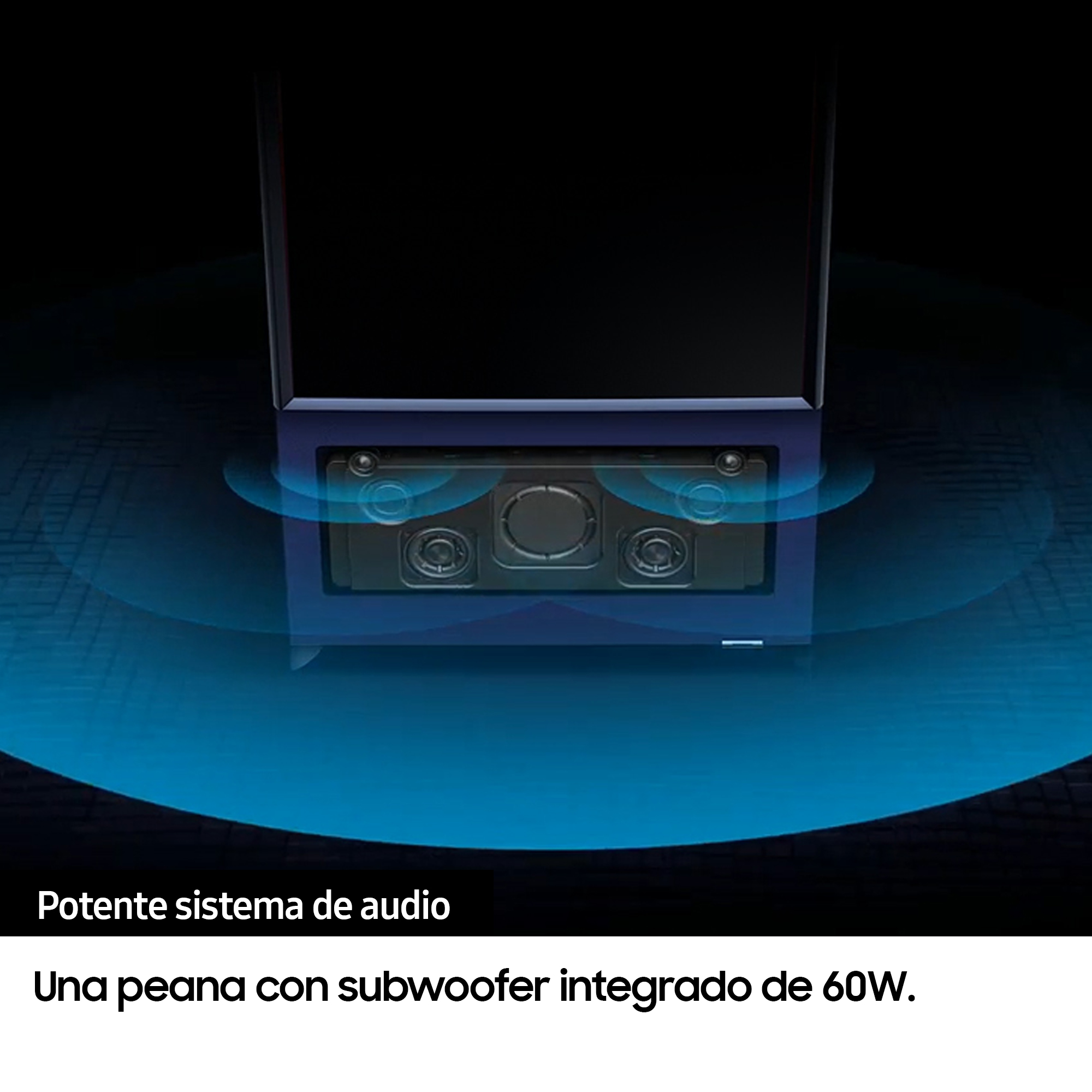 Primer plano de la pantalla del televisor con un potente subwoofer de 60W.