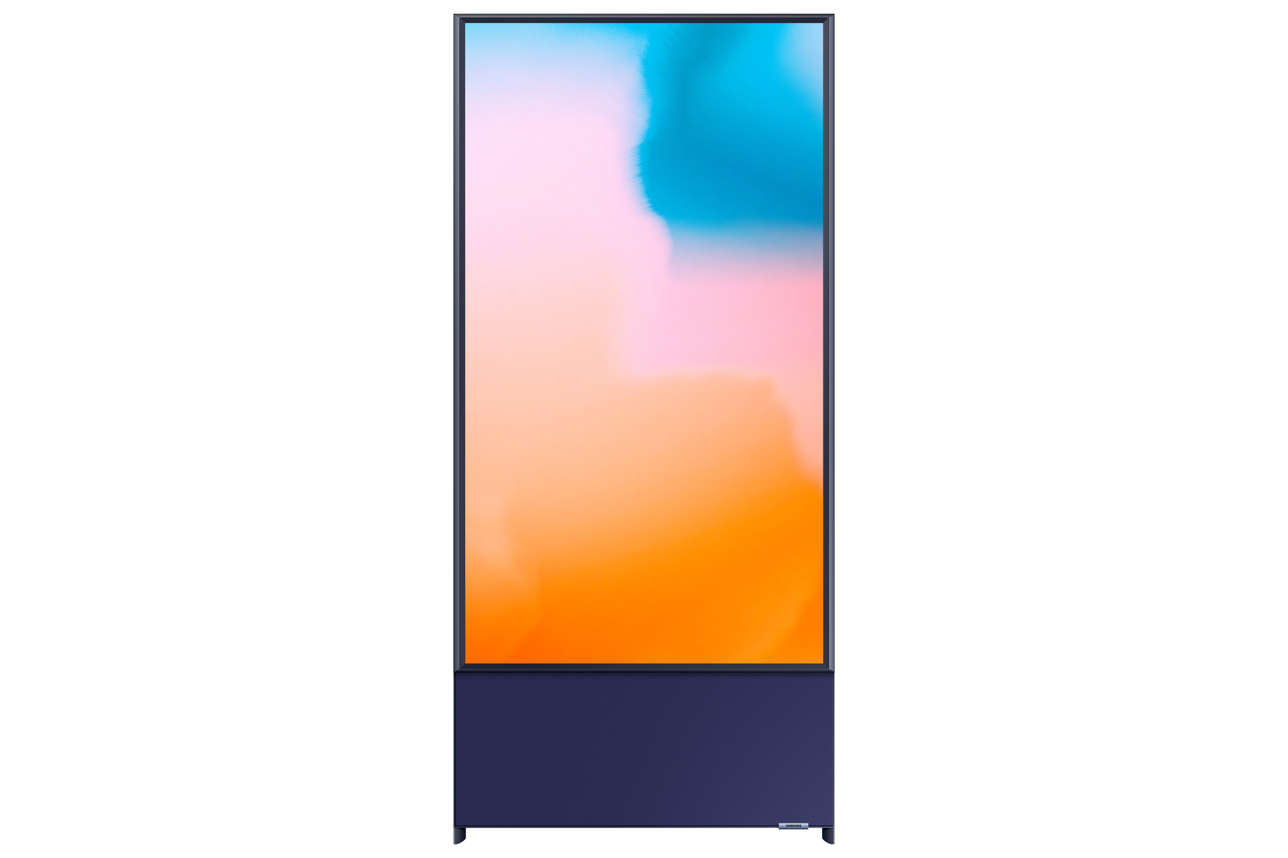 Un televisor con marco azul que muestra una imagen abstracta con colores naranja y azul.