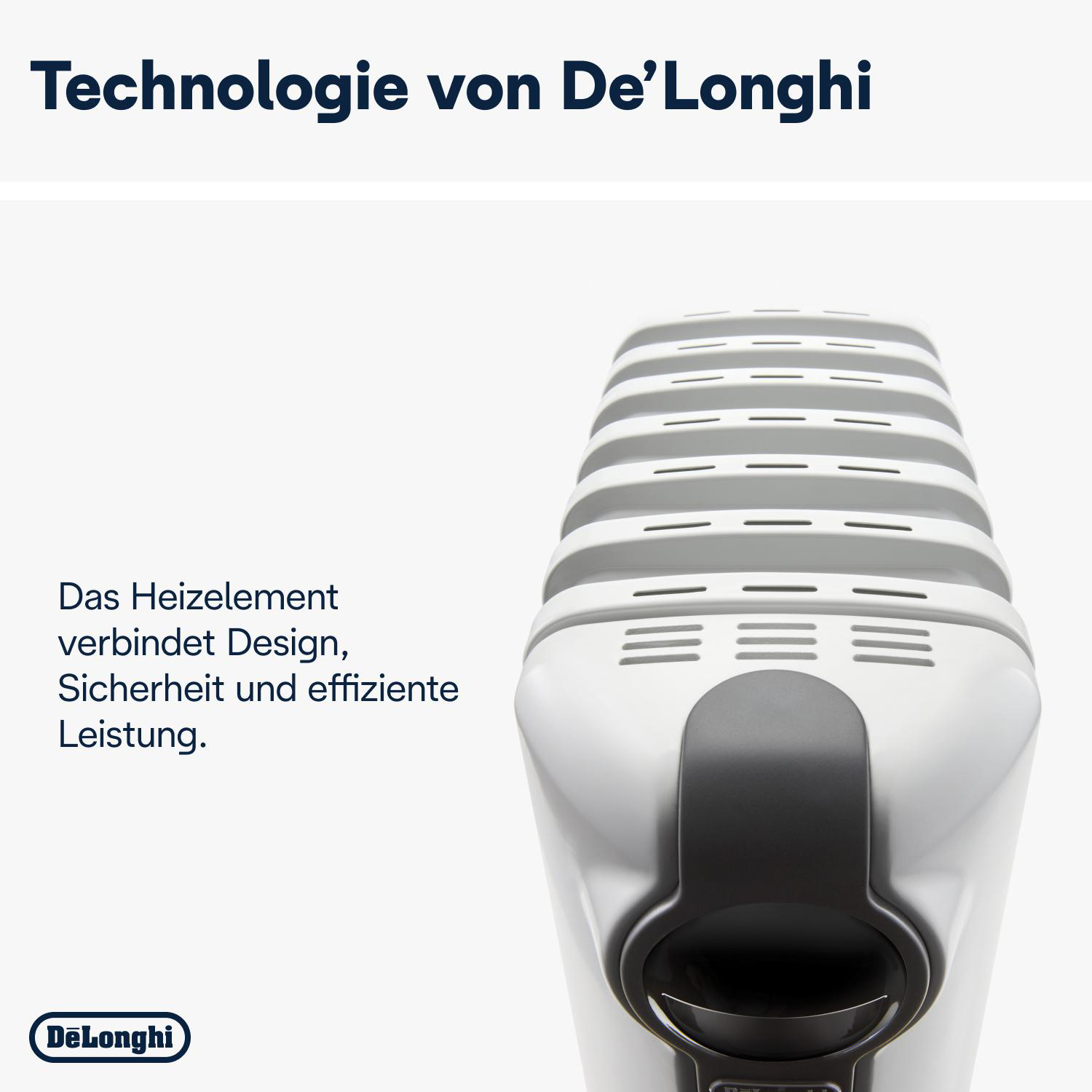 Weißer und grauer Heizlüfter, schwarzer Griff. Text: Technologie von De'Longhi. Weißer Hintergrund.