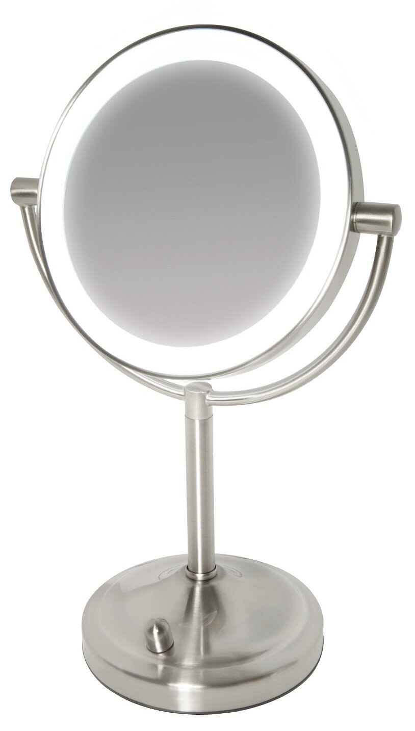 Okrągłe lusterko do makijażu ze srebrną ramą i podstawą. Białe światło oświetla lustro.