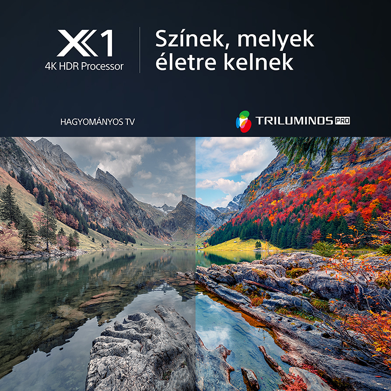 Egy hegyvidéki táj látható, két jelenetre osztva. Az egyik a hagyományos TV, a másik a színekkel javított.