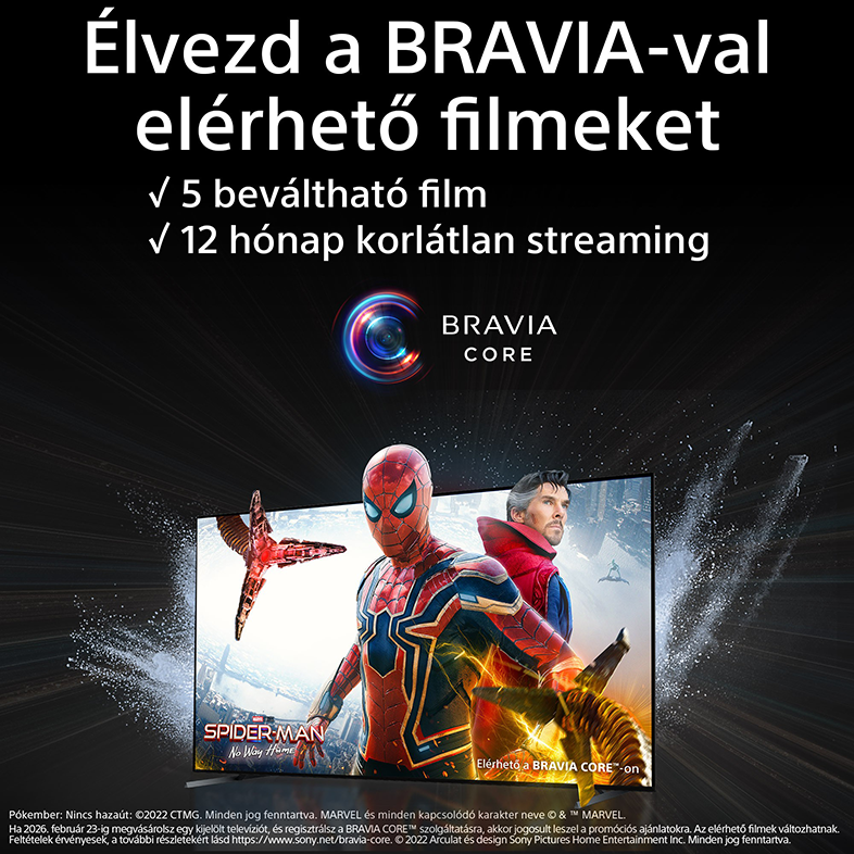 Hirdetés Pókember és Doctor Strange számára. Filmkockákat mutat szöveggel és a BRAVIA CORE logóval.