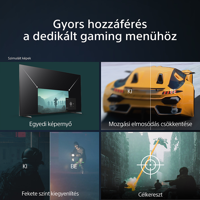 TV képernyő autóval és jelenetekkel. Szöveg: Gyors hozzáférés a játékmenühöz.