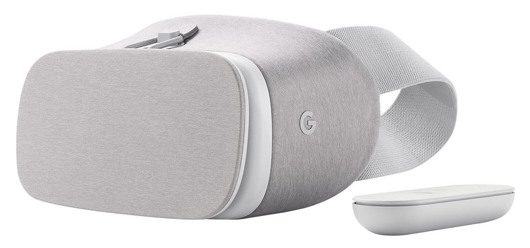 Szary zestaw VR Google z białym kontrolerem, na białym tle, widok z boku.