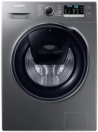 Szara pralka Samsung z czarnymi drzwiami, widok z przodu.