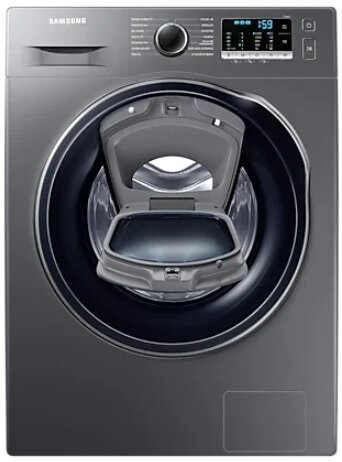 Ciemnoszara pralka Samsung z otwartymi drzwiami, pokazująca wnętrze. Widok z przodu.