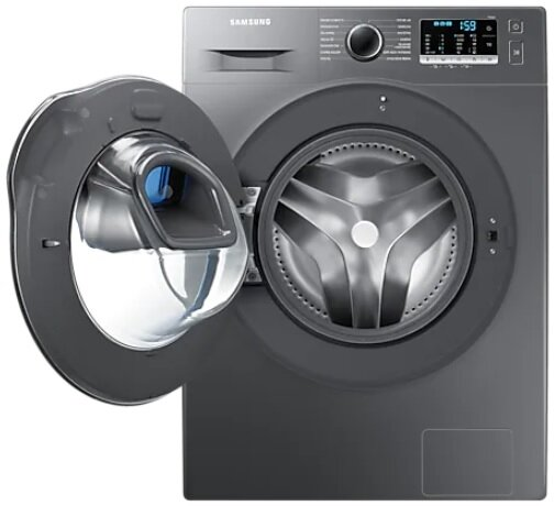 Ciemnoszara pralka z otwartymi drzwiami, widok wnętrza.