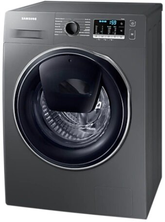 Wyświetlana jest ciemnoszara pralka. Ma czarne drzwi i cyfrowy wyświetlacz u góry.