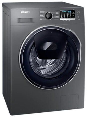 Ciemnoszara pralka. Czarne drzwi, panel sterowania, chromowane akcenty.