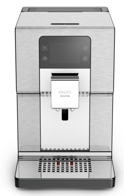 Srebrny ekspres do kawy Krups Intuition, z ekranem dotykowym i czarną podstawą.