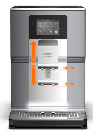 Srebrny ekspres do kawy z ekranem dotykowym i prowadnicą pomiarową, pokazującą rozmiar.