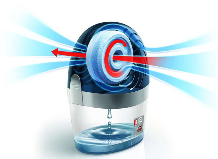 Oczyszczacz powietrza z niebieskim światłem i strzałką pokazującą przepływ powietrza. Białe tło.