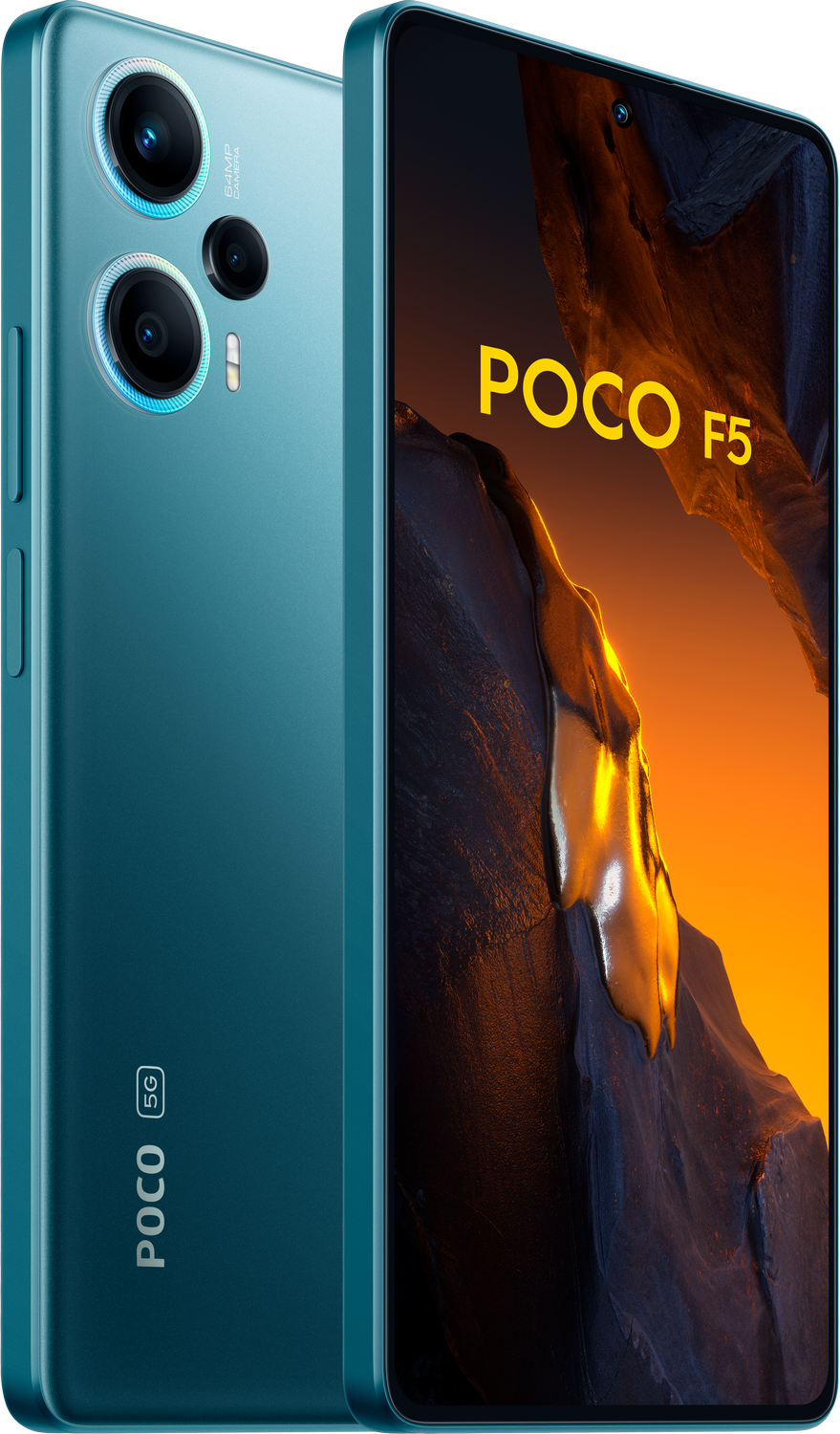 Un smartphone POCO F5 turquesa con la pantalla encendida.